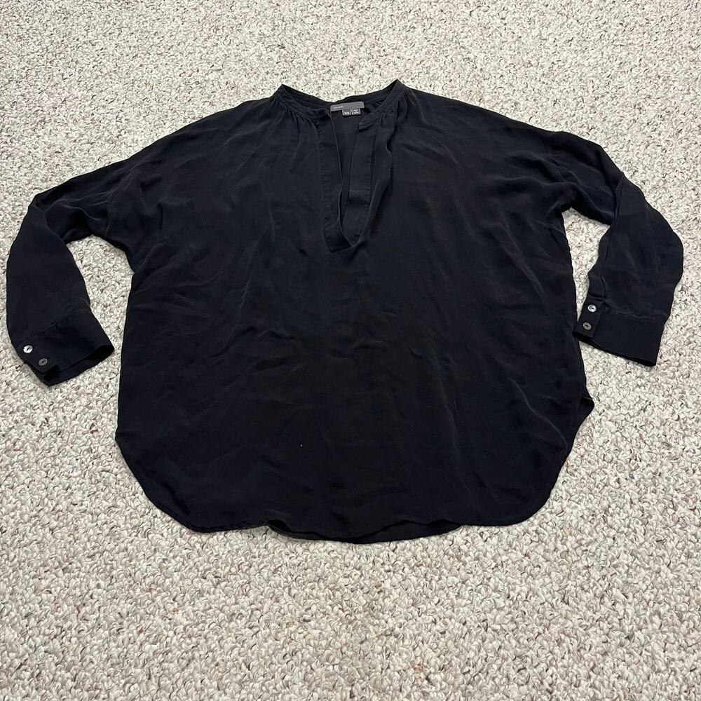 Vince Silk Black Popover Blouse M Long Sleeve Classic Old Money Casual Career